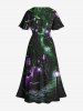 Robe D'Halloween Mi-Longue Linge A Château et Lanterne Imprimés de Grande Taille avec Poche - Noir 3X