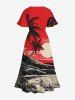 Plus Size Ink Painting Coconut Tree Mountain Sea Moon Print Hawaii Split Pocket A Line Midi Dress -  
