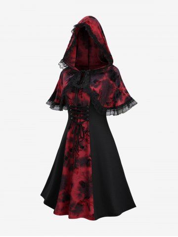 Halloween Costume Plus Size Rose Flower Flocking Tie Dye Print Lace Up Lace-trim Cami Dress and Hooded Cape Set