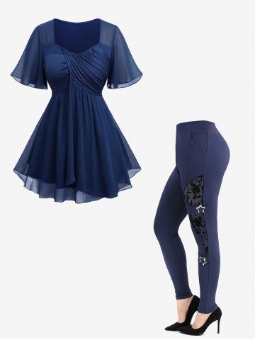 Sheer Chiffon Surplice Ruffles Asymmetrical Blouse and Flocking Mesh Leggings Plus Size Outfit - DEEP BLUE