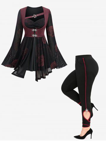 Rose Print Mesh Ruched Lace Trim Flare Sleeves 2 In 1 Top and Cut Out Pentagram Tassel Skinny Leggings Plus Size Outfit - BLACK