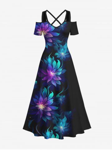 Plus Size Flowers Ombre Glitter 3D Print Cold Shoulder Crisscross Hawaii Maxi Dress - BLACK - XS