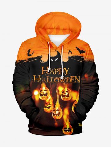Sweat-Shirt à Capuche Brillant avec Cordon de Serrage à Imprimé Citrouille D'Halloween et Chauve-Souris Grande-Taille pour Hommes