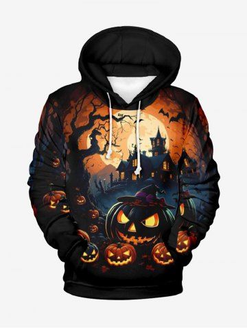 Sweat à Capuche D'Halloween Lanterne de Citrouille et Château Imprimés Grande Taille avec Poche à Paillettes pour Homme - BLACK - 5XL