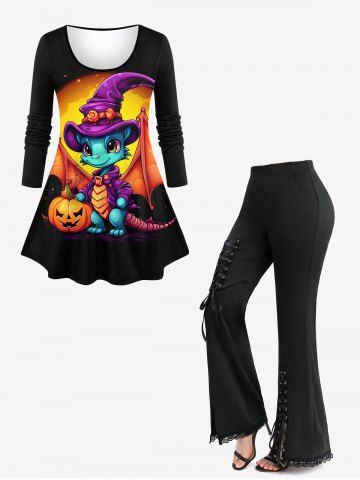 Halloween Costume Dinosaur Pumpkin Print T-shirt and Lace-up Split Pocket Pants Plus Size Matching Set