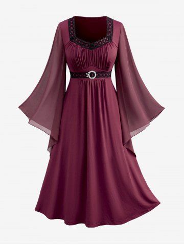 Plus Size Bell Sleeves Ruched Braided Buckle Belted A Line Renaissance Midi Dress - DEEP RED - 1X | US 14-16