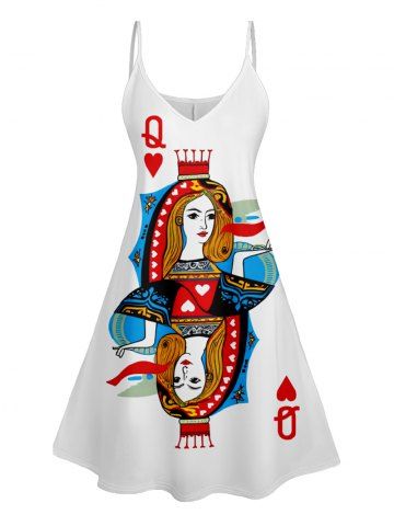 Playing Card Print V Neck High Waist Spaghetti Strap Dress - BLUE - XL | US 12