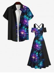 Flowers Ombre Glitter 3D Print Plus Size Matching Hawaii Beach Outfit For Couples -  