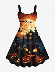 Robe D'Halloween Ligne A Citrouille Lune et Château Imprimés de Grande Taille à Paillettes - Noir 6X