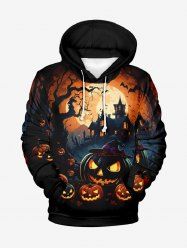 Plus Size Pumpkin Lantern Tree Castle Bat Glitter Moon Print Halloween Pocket Drawstring Pullover Hoodie For Men -  