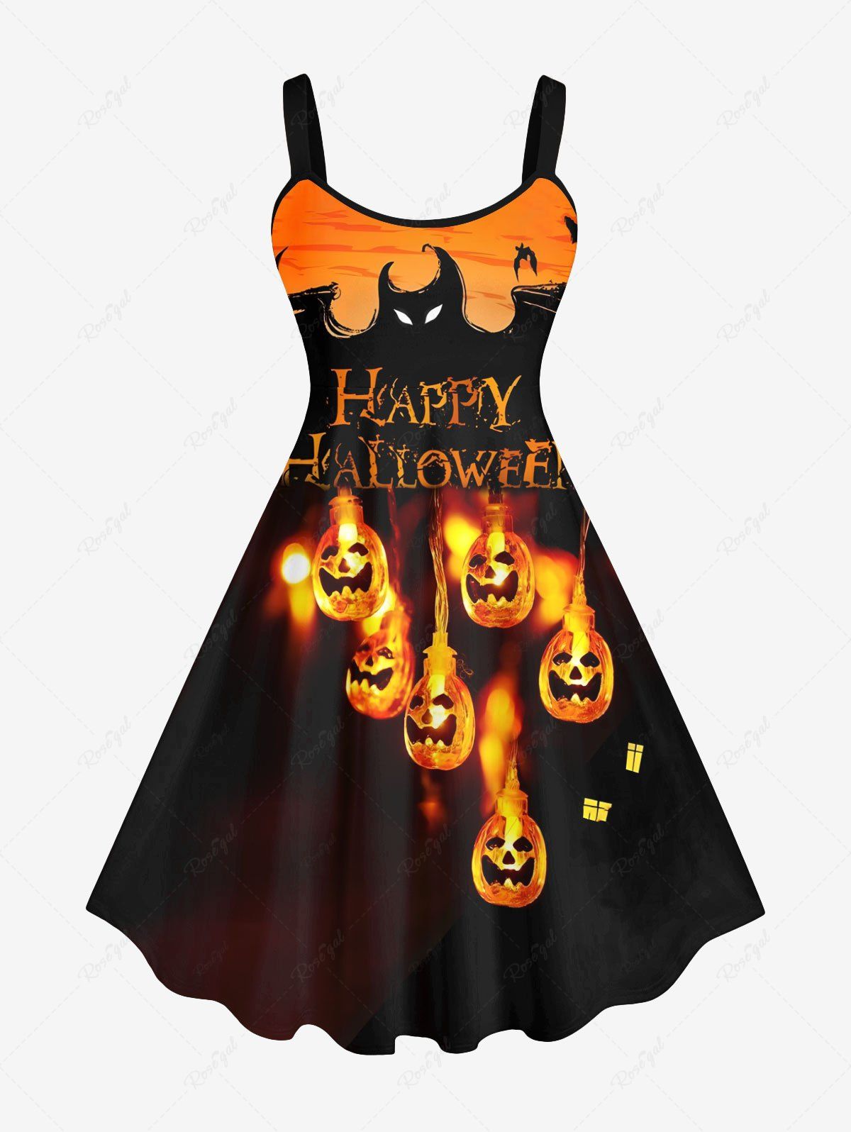 Store Plus Size Halloween Costume Pumpkin Latern Bat Devil Letters Print Tank Dress  