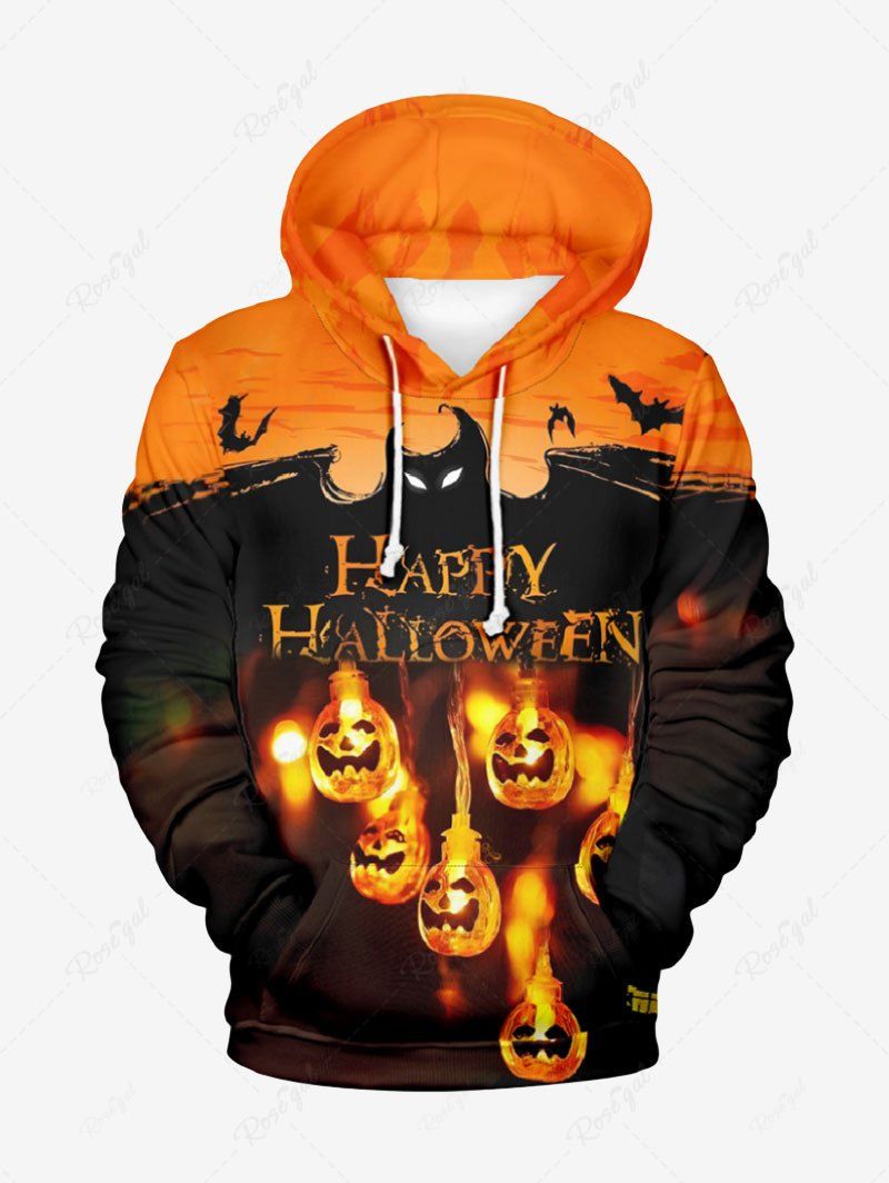 Store Plus Size Halloween Costume Pumpkin Latern Bat Demon Letters Print Pocket Drawstring Hoodie For Men  