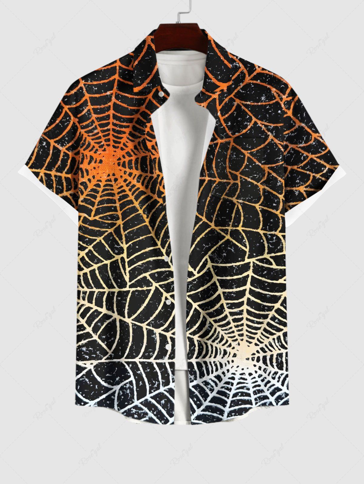 Hot Plus Size Halloween Costume Ombre Spider Web Print Buttons Pocket Shirt For Men  