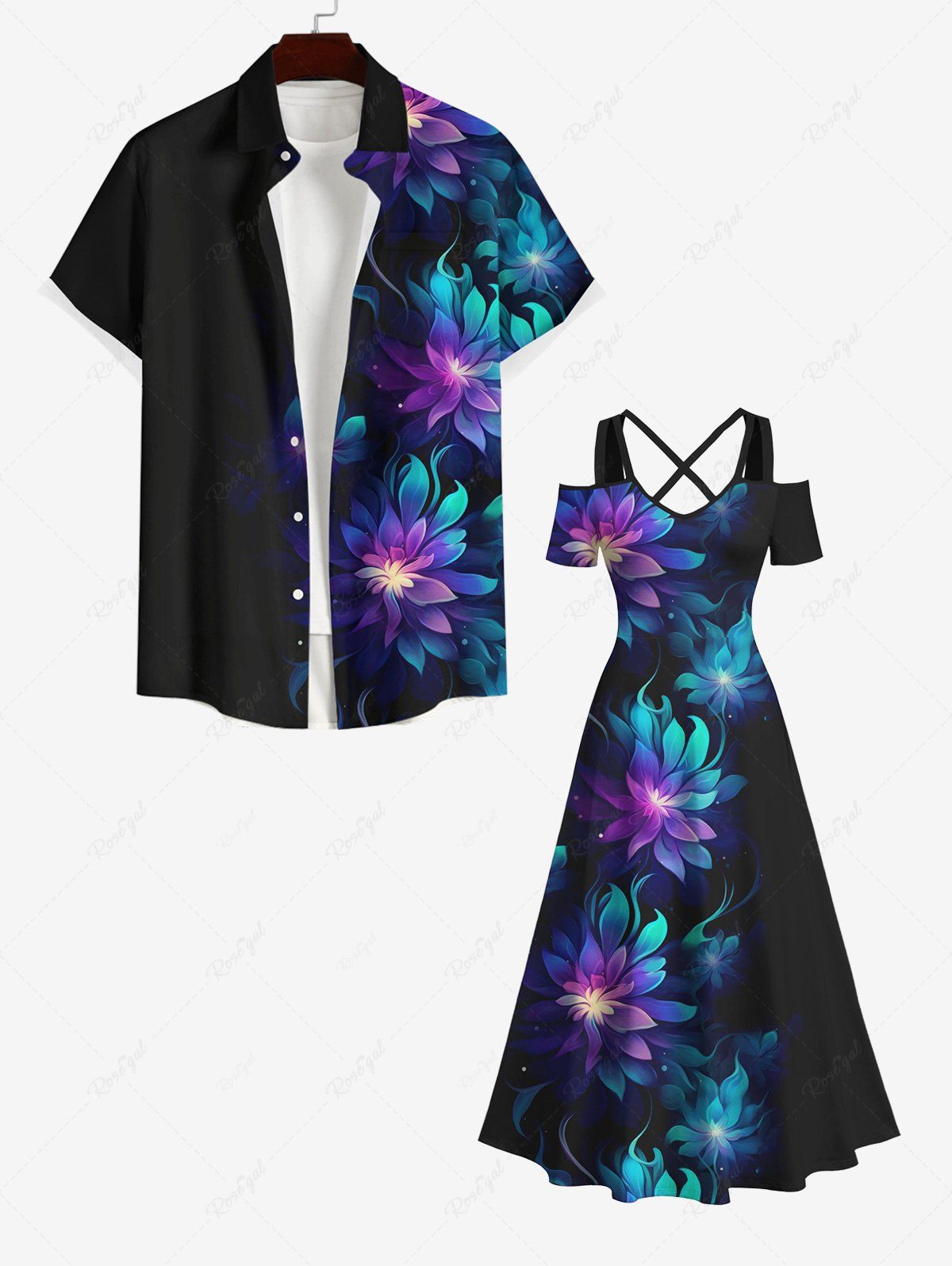 Affordable Flowers Ombre Glitter 3D Print Plus Size Matching Hawaii Beach Outfit For Couples  