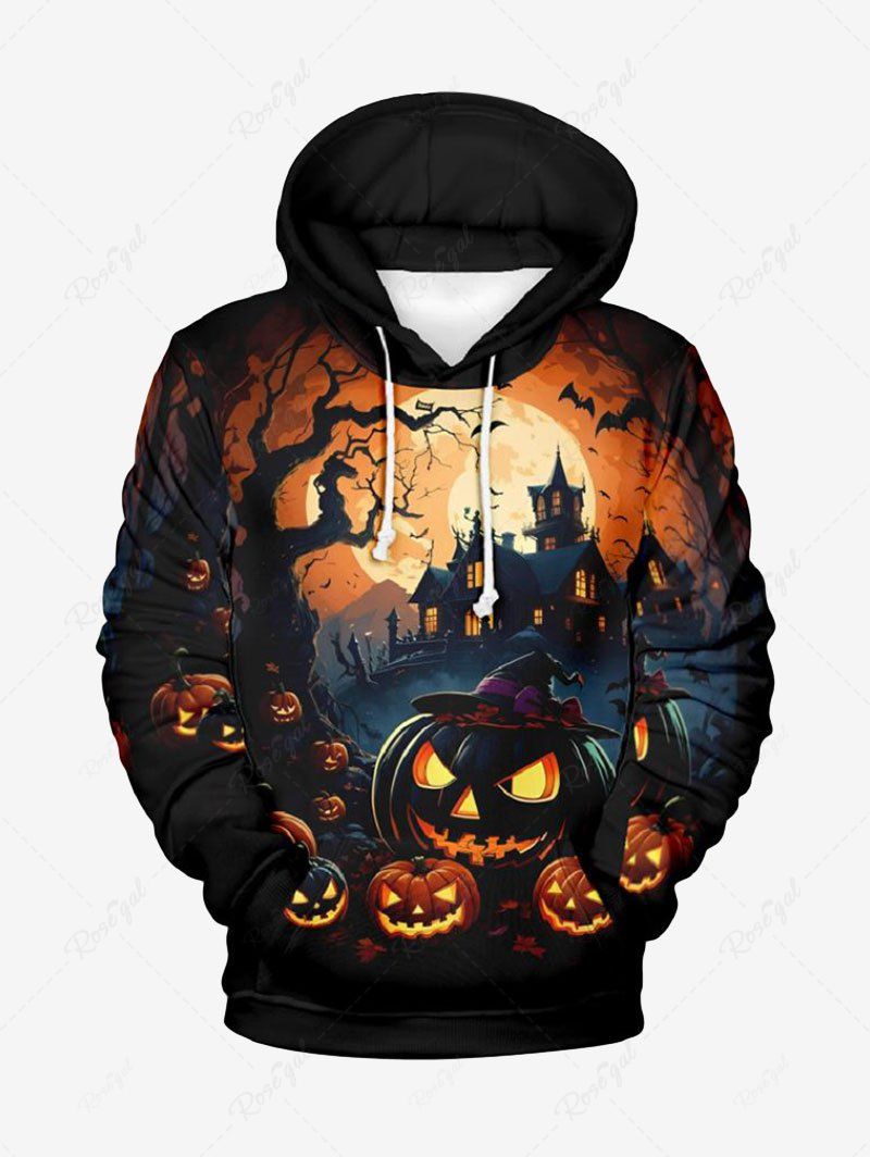 New Plus Size Pumpkin Lantern Tree Castle Bat Glitter Moon Print Halloween Pocket Drawstring Pullover Hoodie For Men  
