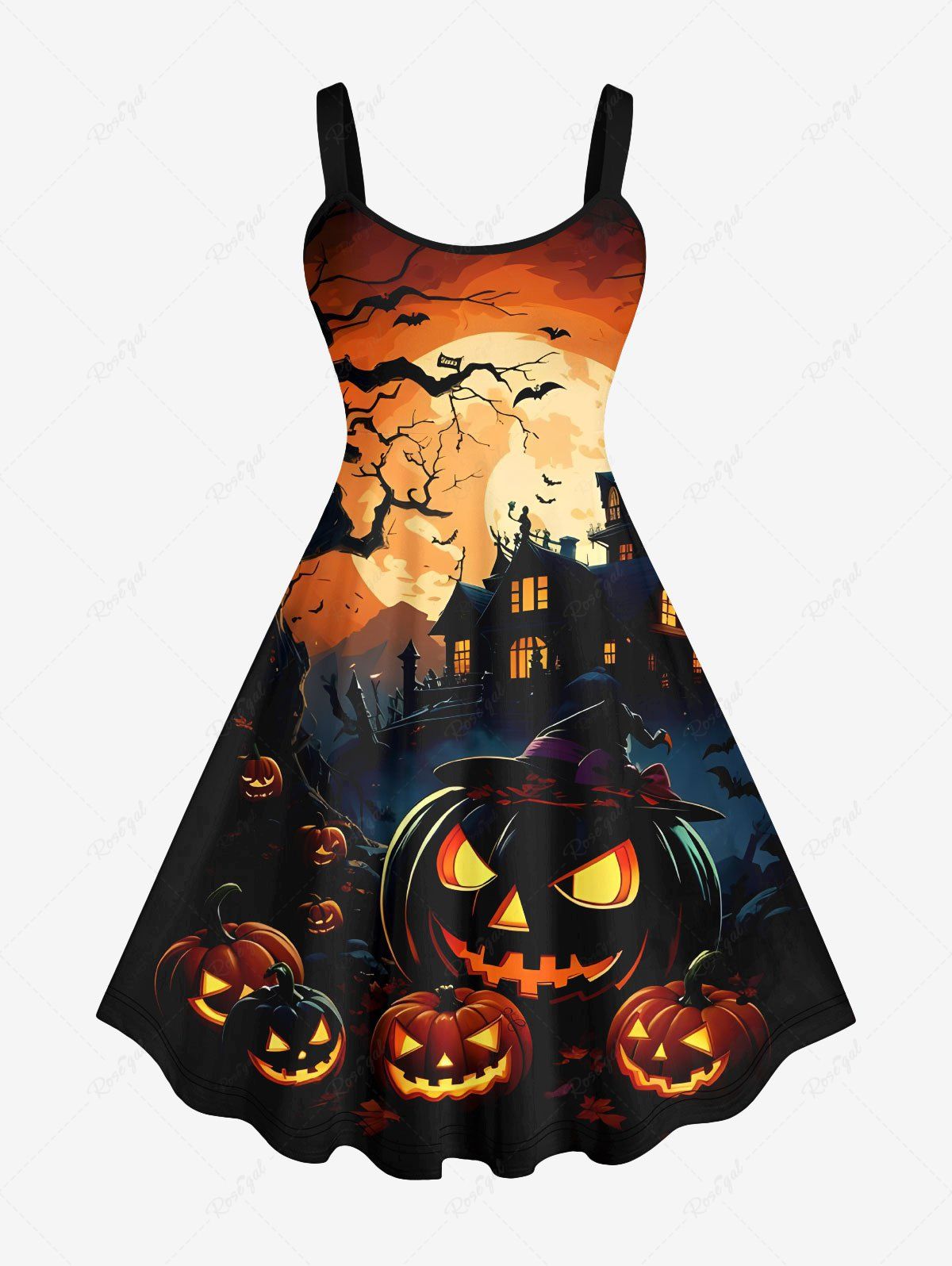 Robe D'Halloween Ligne A Citrouille Lune et Château Imprimés de Grande Taille à Paillettes Noir 6X