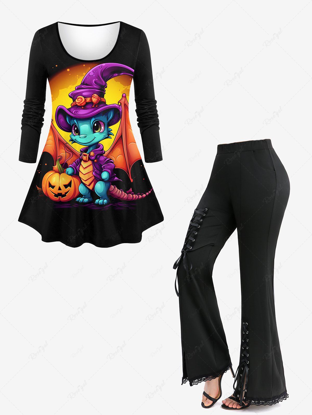 Ensemble de T-shirt D'Halloween Dinosaure et Citrouille Imprimés de Grande Taille avec Poche à Lacets Noir 