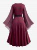Robe Mi-Longue Linge A Ceinturée Tressée à Manches de Cloche Grande Taille - Rouge foncé 4X | US 26-28