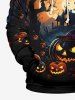 Plus Size Pumpkin Lantern Tree Castle Bat Glitter Moon Print Halloween Pocket Drawstring Pullover Hoodie For Men -  