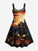 Robe D'Halloween Ligne A Citrouille Lune et Château Imprimés de Grande Taille à Paillettes - Noir 6X