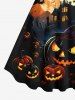 Robe D'Halloween Ligne A Citrouille Lune et Château Imprimés de Grande Taille à Paillettes - Noir 6X