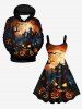 Robe D'Halloween Ligne A Citrouille Lune et Château Imprimés de Grande Taille à Paillettes - Noir 6X