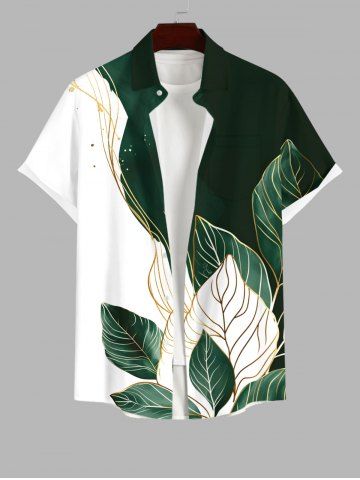 Plus Size Curve Tropical Leaves Contrast Colorblock Print Hawaii Button Pocket Shirt For Men - WHITE - S