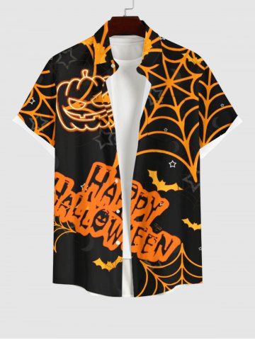 Plus Size Halloween Costume Spider Web Pumpkin Bat Star Letters Print Buttons Pocket Shirt For Men - BLACK - S