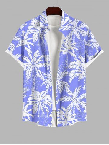 Plus Size Coconut Tree Print Buttons Pocket Hawaii Shirt For Men - BLUE - S