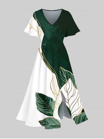 Plus Size Curve Tropical Leaves Contrast Colorblock Print Hawaii Split Pocket A Line Midi Dress - WHITE - XS