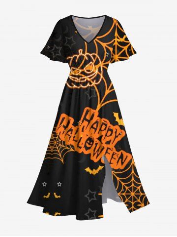 Plus Size Halloween Costume Spider Web Pumpkin Bat Star Letters Print Split Midi Dress - BLACK - 5X