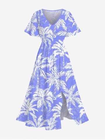 Robe Hawaïen Mi-Longue Fendue Cocotier Imprimé de Grande Taille - BLUE - S