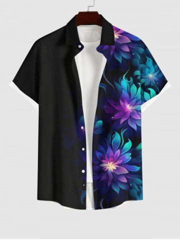 Plus Size Flowers Ombre Glitter 3D Print Buttons Pocket Hawaii Shirt For Men - BLACK - S