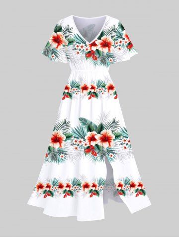 Robe Mi-Longue Fendue Fleur D'Hibiscus et Feuille Tropicale Imprimées de Grande Taille - WHITE - S