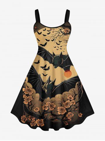 Plus Size Distressed Bat Tree Flower Sun Print Halloween Costume A Line Tank Dress - BLACK - 1X