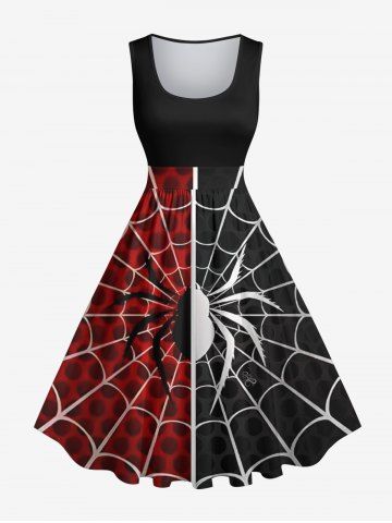 Plus Size Halloween Costume Spider Web Colorblock Print 1950s Vintage Dress - BLACK - M