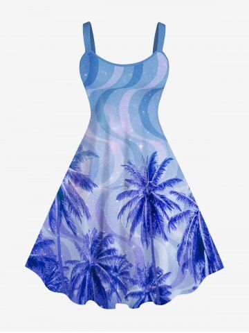 Plus Size Coconut Tree Colorblock Galaxy Light Beam 3D Print Hawaii Tank Dress - BLUE - XS