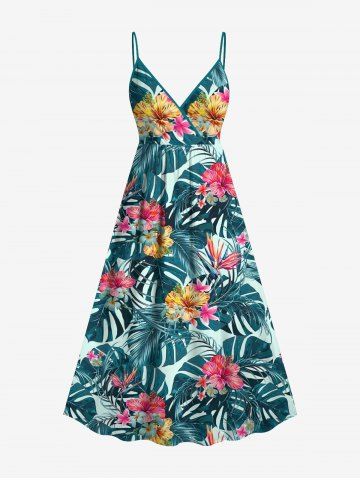 Plus Size Tropical Leaf Hibiscus Flower Print Surplice Hawaii Cami Dress - MULTI-A - XS