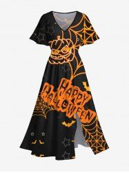 Robe D'Halloween Mi-Longue Chauve-souris Toile D'Araignée Citrouille de Grande Taille - Noir 6X