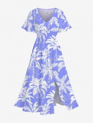 Plus Size Coconut Tree Print Split Hawaii Midi Dress -  