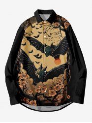 Plus Size Distressed Bat Tree Flower Sun Print Halloween Button Long Sleeves Shirt For Men -  