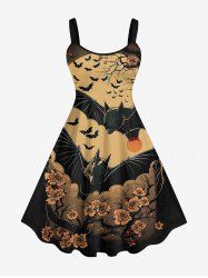 Plus Size Distressed Bat Tree Flower Sun Print Halloween Costume A Line Tank Dress -  