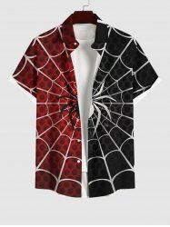 Plus Size Halloween Costume Spider Web Colorblock Print Buttons Pocket Shirt For Men -  
