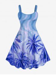 Plus Size Coconut Tree Colorblock Galaxy Light Beam 3D Print Hawaii Tank Dress -  