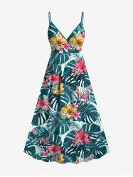 Plus Size Tropical Leaf Hibiscus Flower Print Surplice Hawaii Cami Dress -  