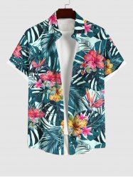 Plus Size Tropical Leaf Hibiscus Flower Print Buttons Pocket Hawaii Shirt For Men -  