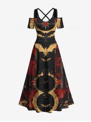 Maxi Robe Costume D'Halloween Chauve-souris et Soleil Imprimés Croisé en Blocs de Couleurs Grande Taille - Multi-A 4X