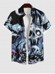 Plus Size Skull Tree Castle Moon Cloud Galaxy Print Halloween Button Pocket Shirt For Men -  