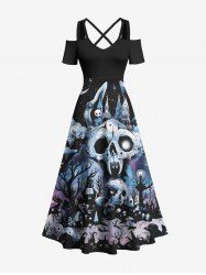 Plus Size Skull Tree Castle Moon Cloud Galaxy Print Halloween Costume Crisscross A Line Maxi Dress -  