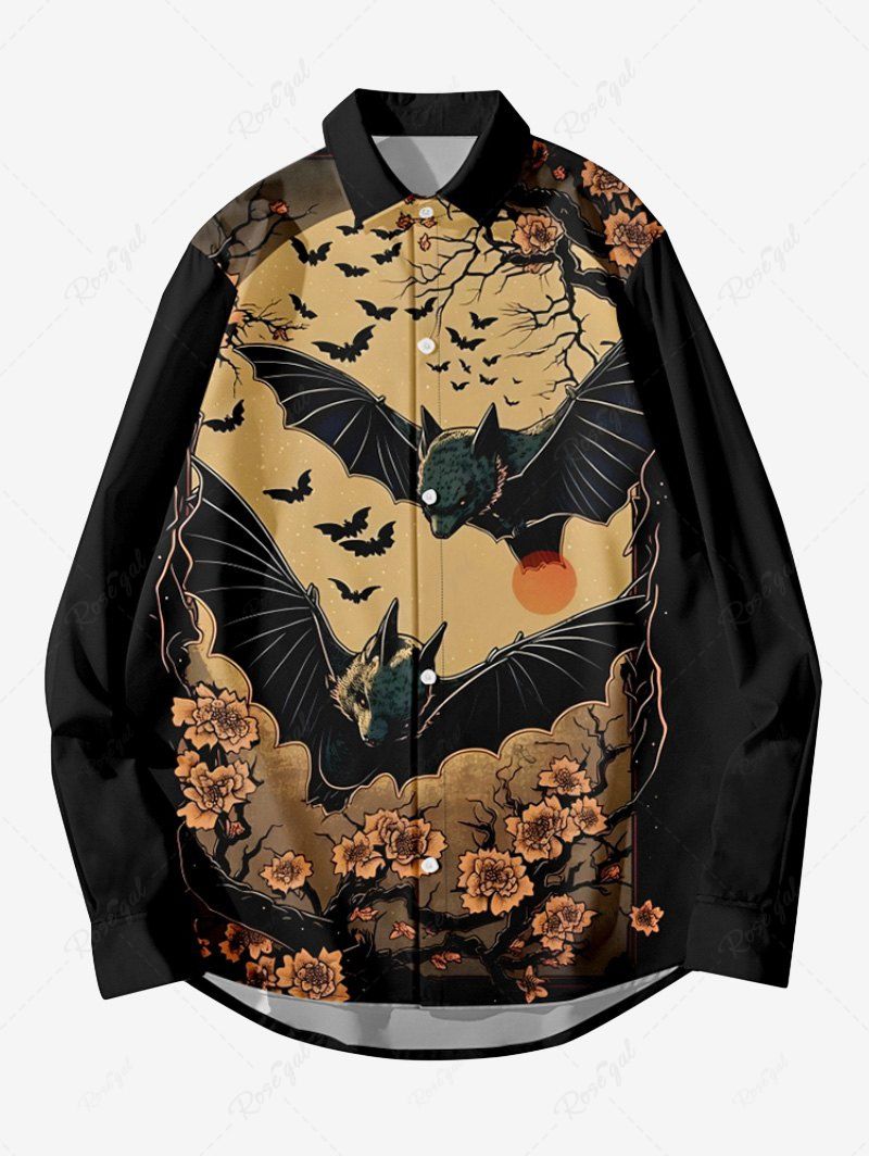 Cheap Plus Size Distressed Bat Tree Flower Sun Print Halloween Button Long Sleeves Shirt For Men  